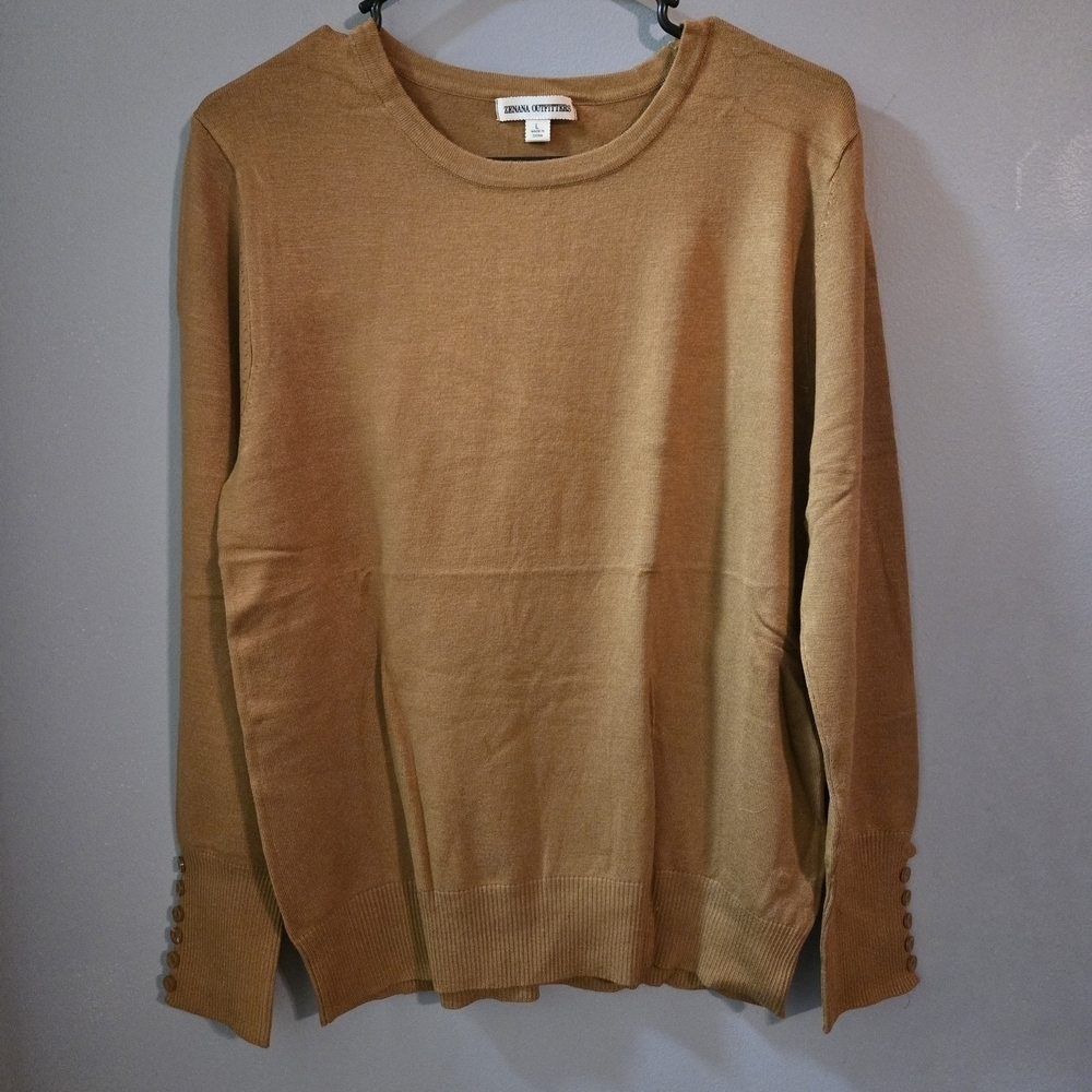 NWT Zenana Coffee Tan Crew Neck Sweater With Button Detail On Sleeve Relaxed Fit